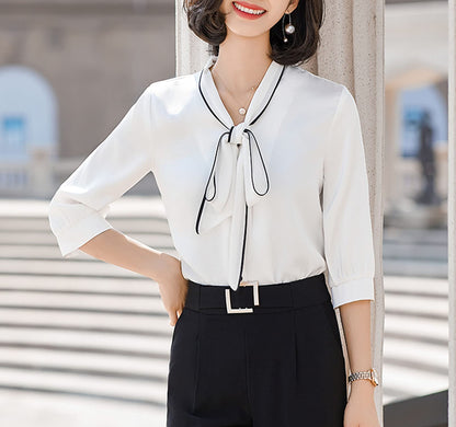 White & Black Long Sleeve Button-Up Blouse With Bow Tie - LAI MENG FIVE CATS