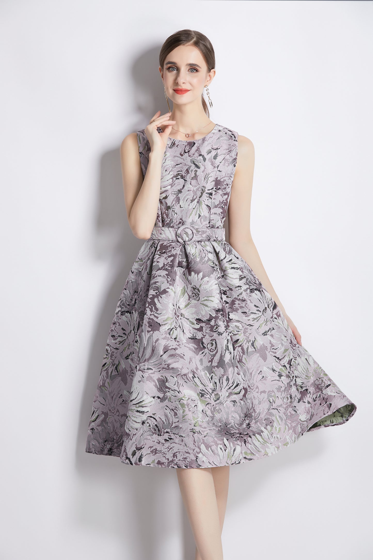 Retro Elegant Sleeveless Floral Jacquard Cocktail MIDI Dress