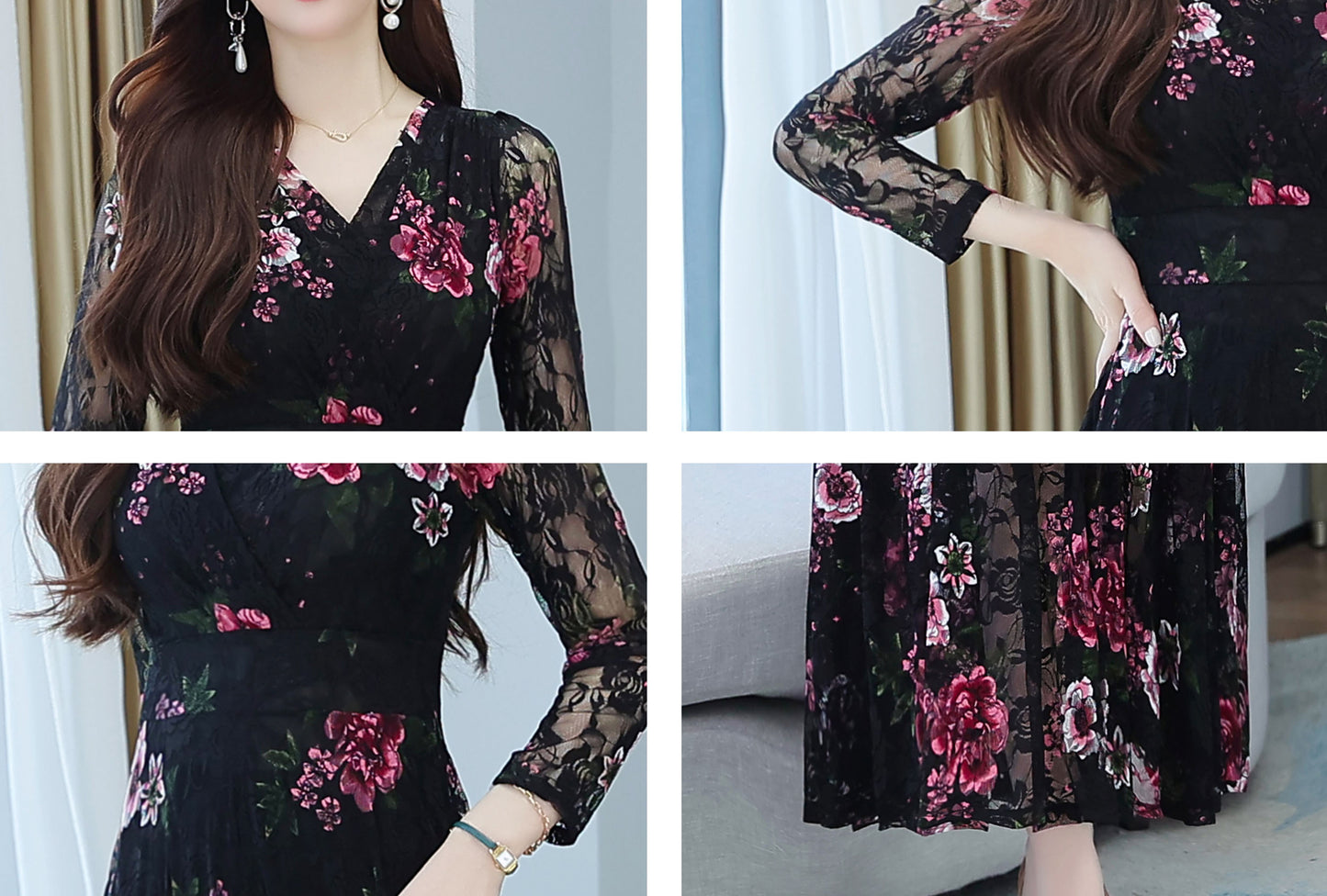 Black V neckline Floral Embroidery Dress