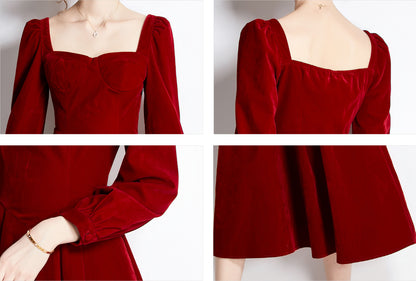 Velvet Square Neck A Line Midi Red Drees