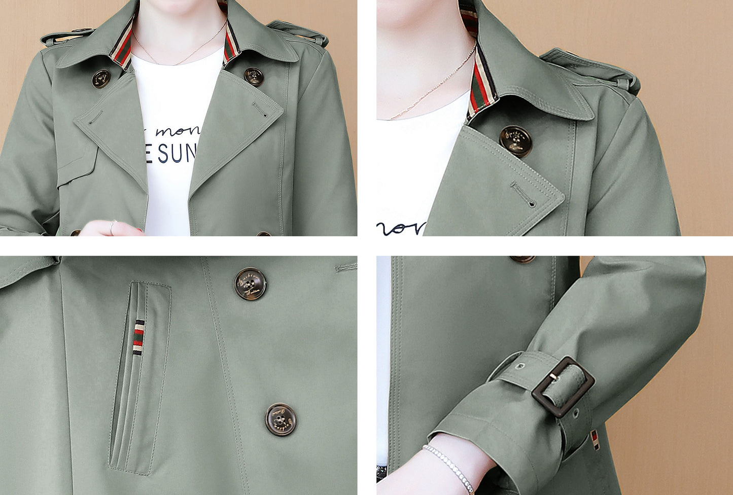 Women 3/4 Length Outerwear Trench Coat with Belt
