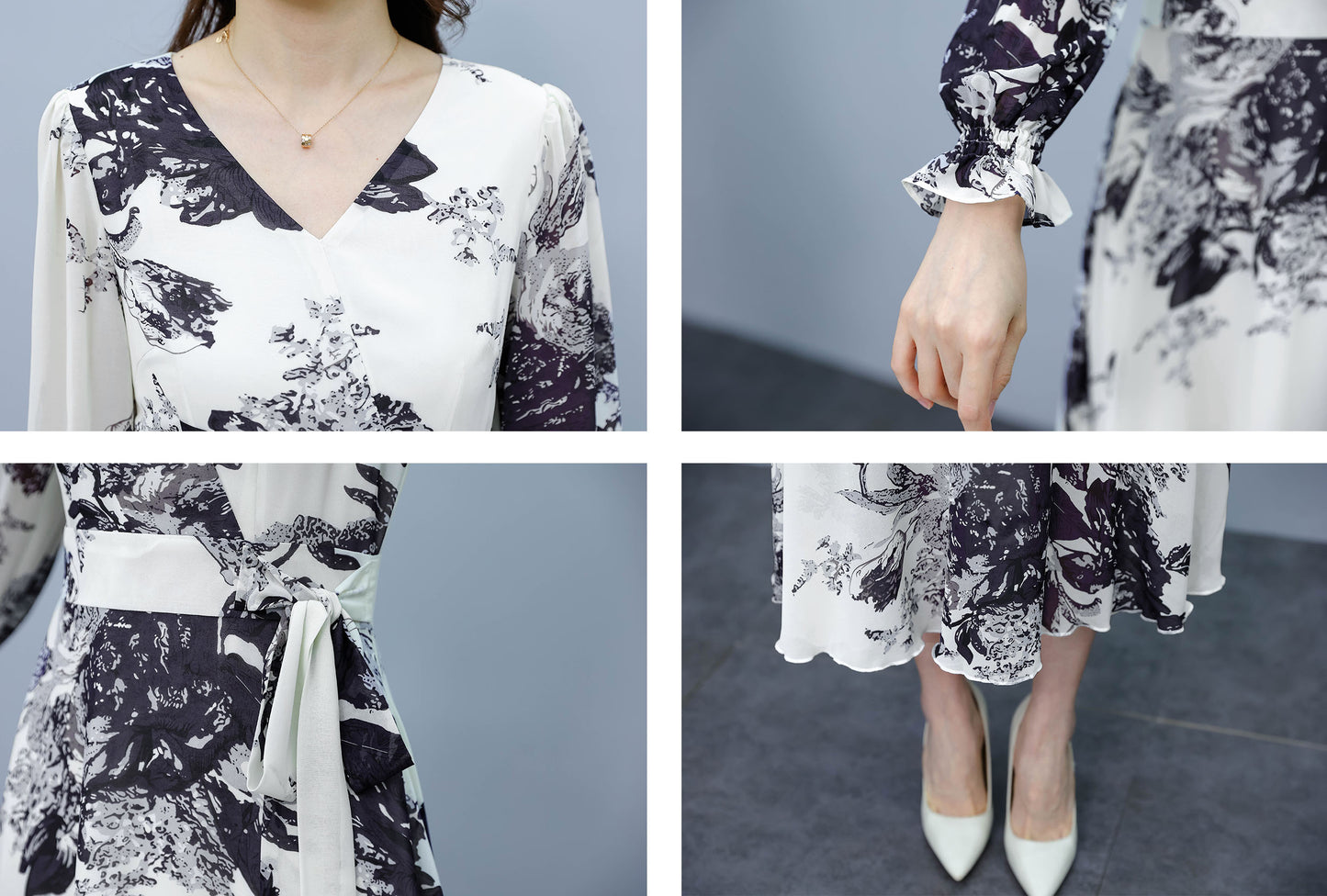 White V-Neck Long Sleeves Floral Print Midi Dress