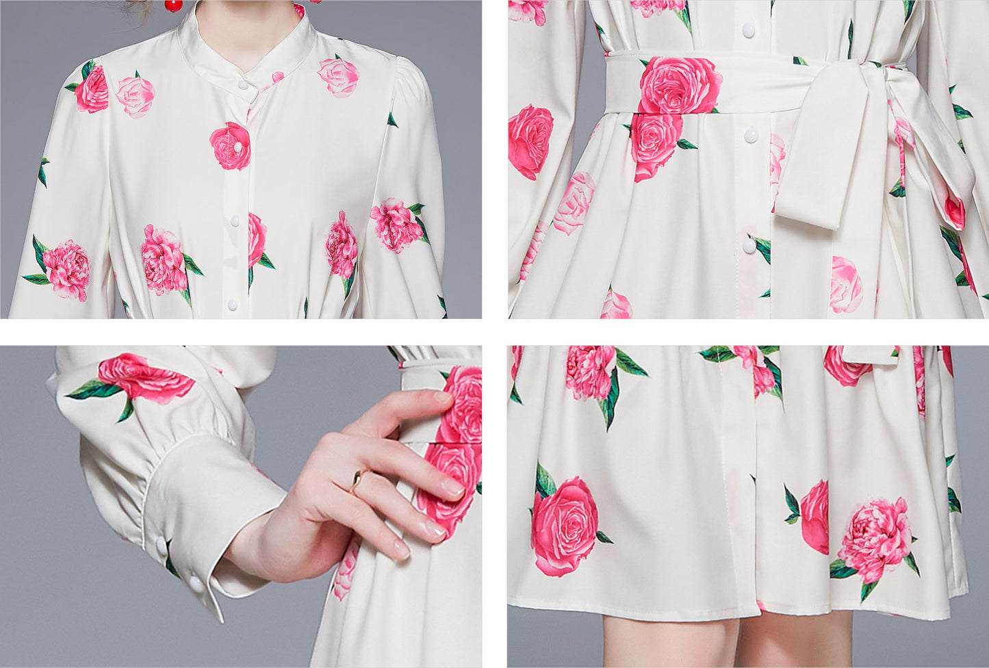 Bell Sleeve Round Neck Button up Floral Print Mini Dress