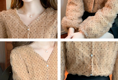Brown Solid Spot Long Sleeve Button-Front Blouse
