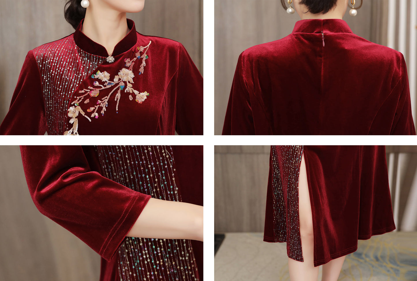 Velvet Embroidery Solid Split Long sleeves V Neck Midi Dress