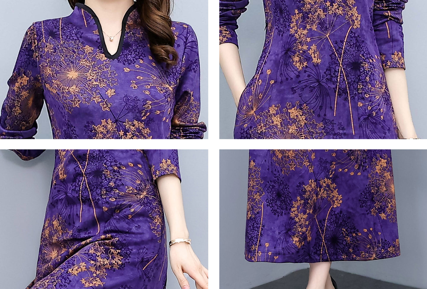 Purple V Neck Long Sleeves Floral Print with Pocket Maxi Dress