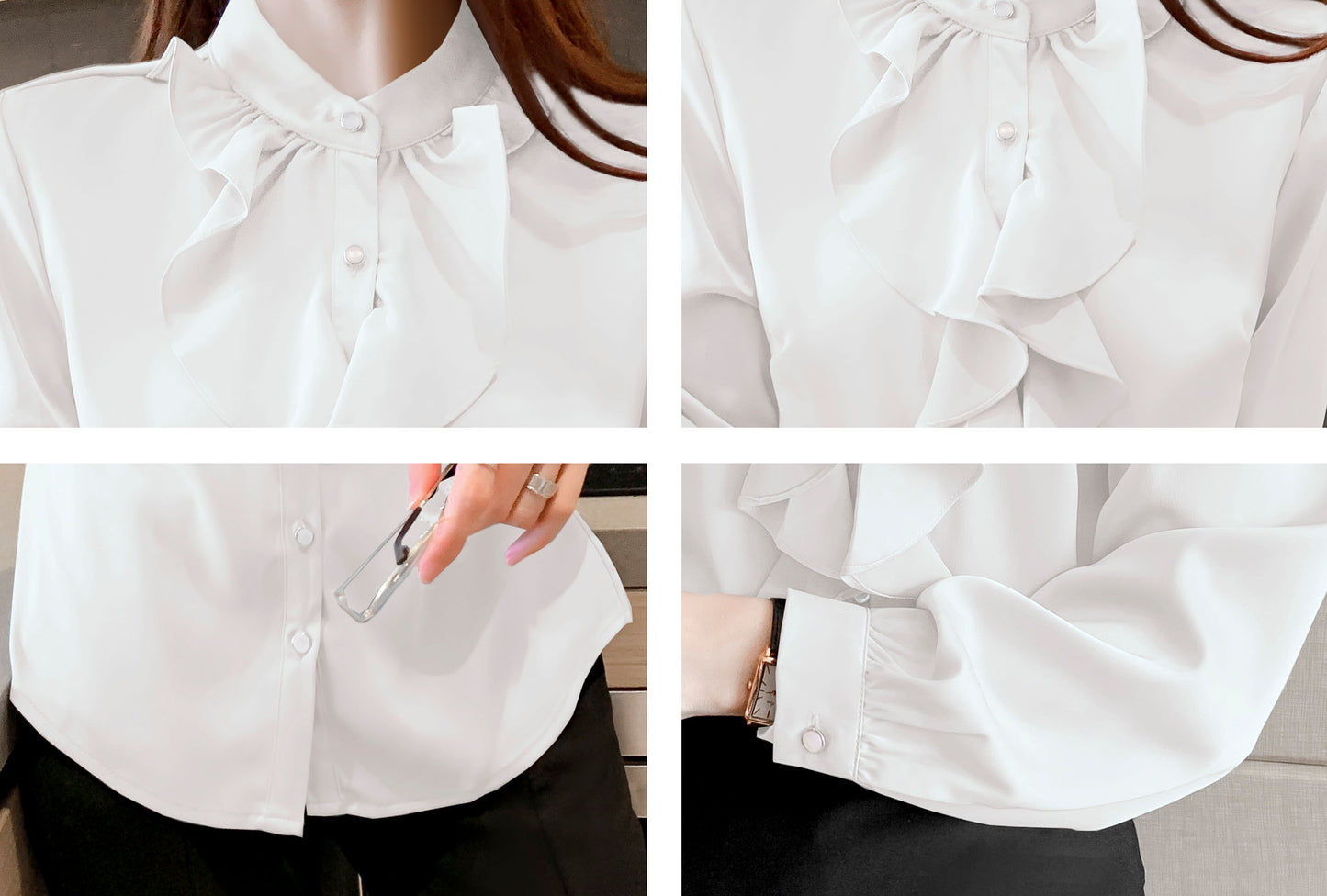 White Collared Ruffle Long Sleeve Solid Blouse