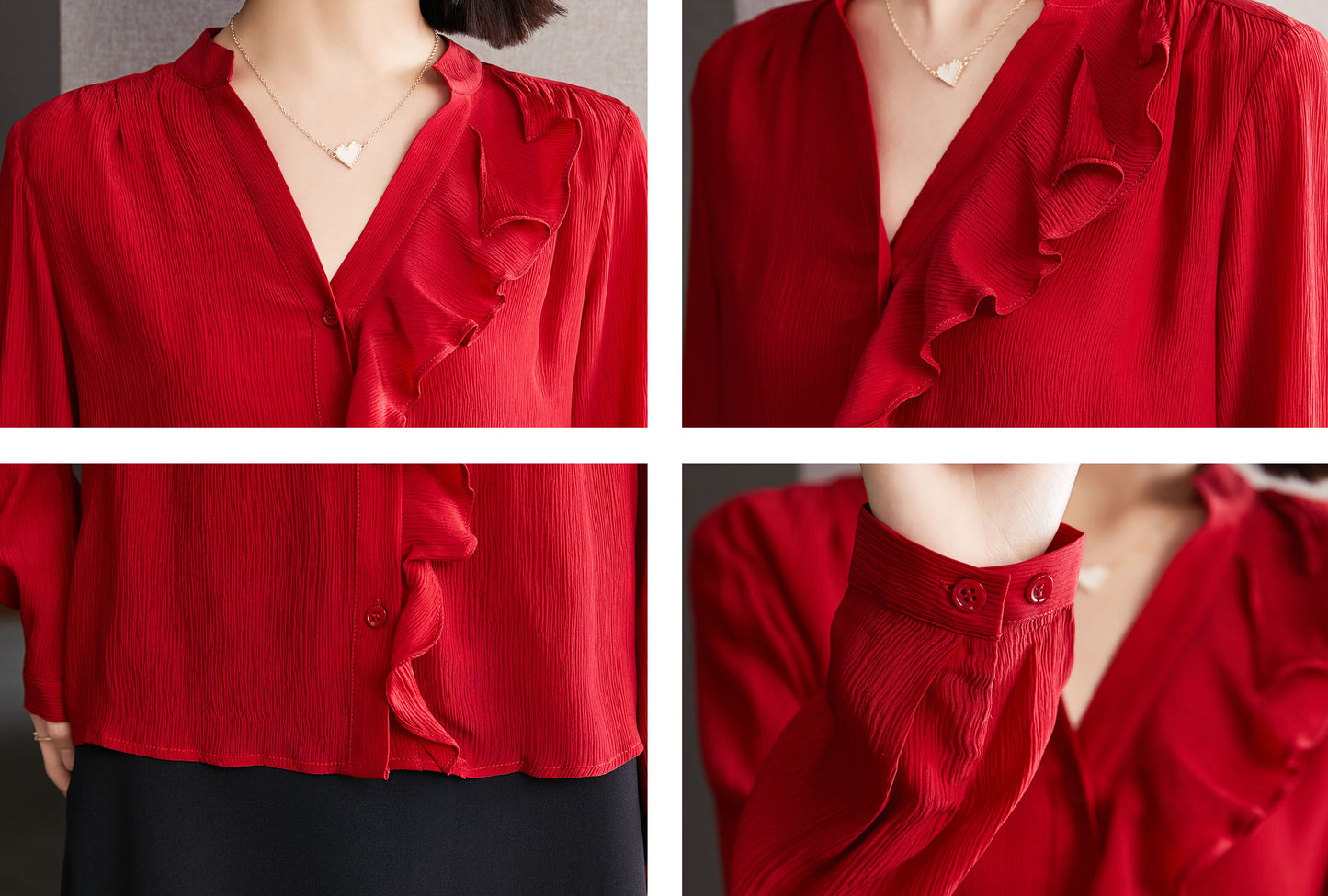 Red V-Neck Ruffle Long Sleeve Solid Blouse