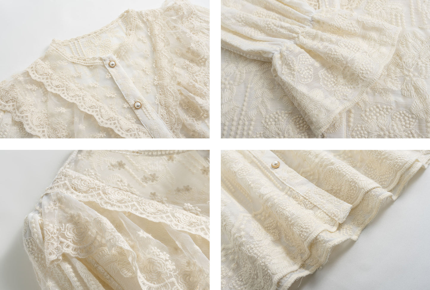 Collared Ruffle Bell Long Sleeve Lace Blouse