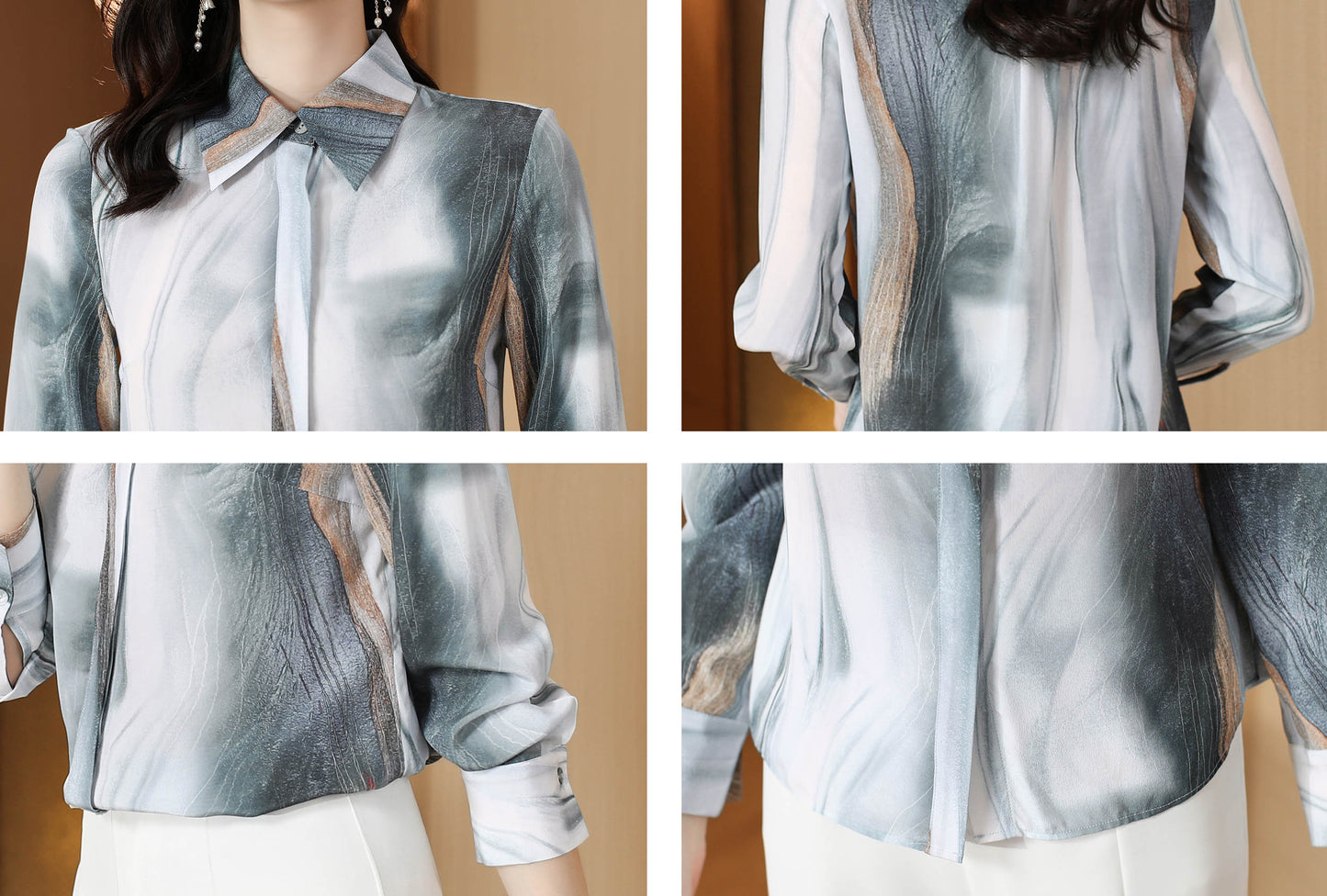 Grey Collared Neck Print Long Sleeve Button up Blouse