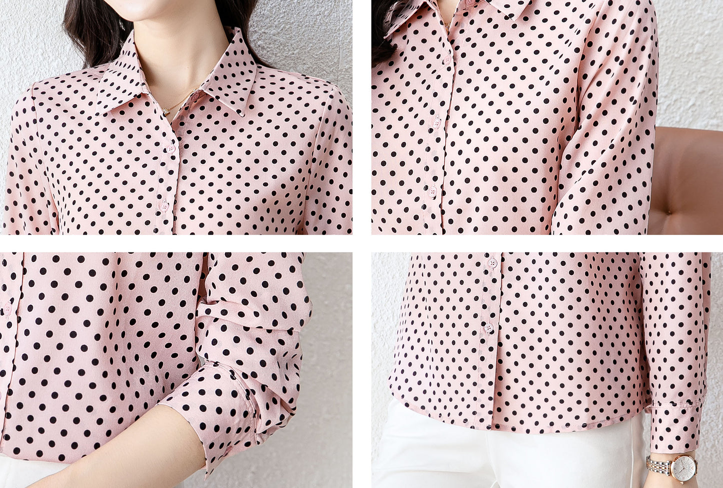 Pink Collared Neckline Spots Long Sleeves Blouse Top Shirt