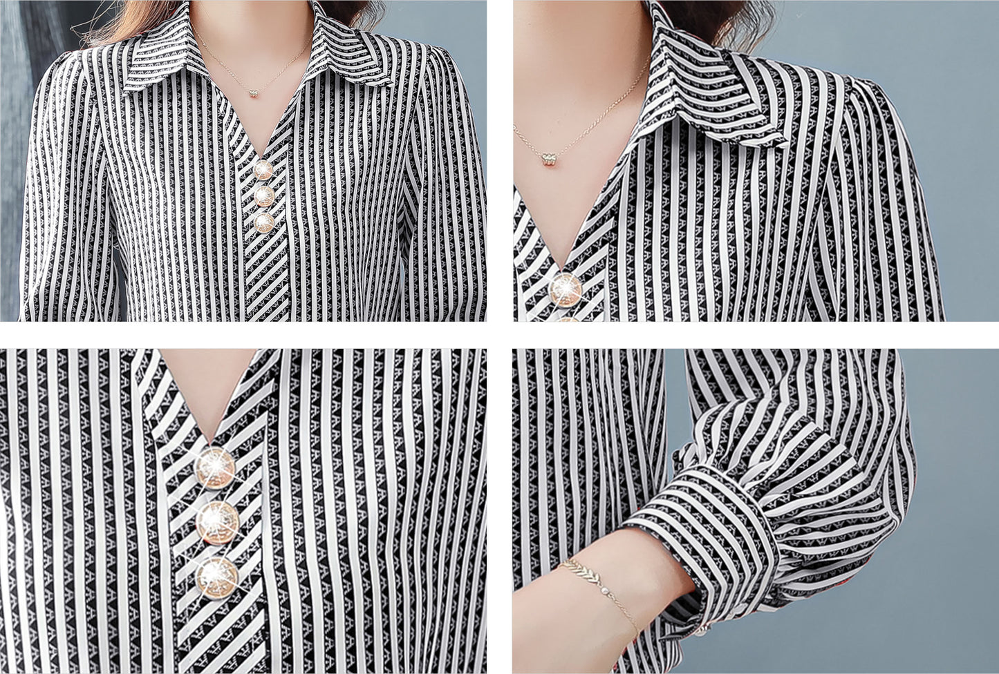 Black Stripe Tops Collared Neck Long Sleeves Print Blouse