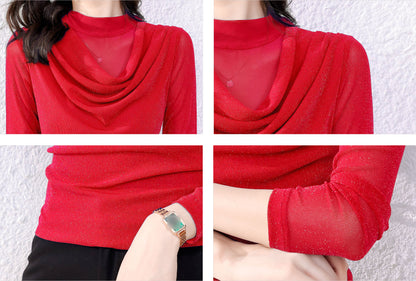 Red High Neck Long Sleeve Solid Blouse