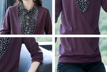 Purple Collar Neck Long Sleeves Patchwork Solid Blouse