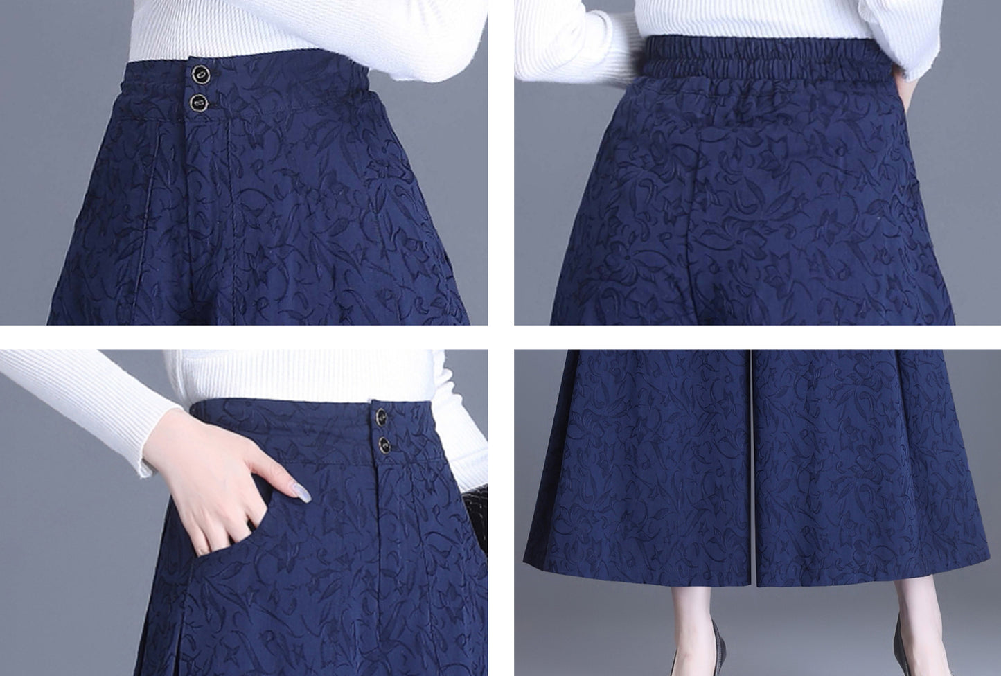 Blue High Waist Solid Wide Leg Trousres with Pocket
