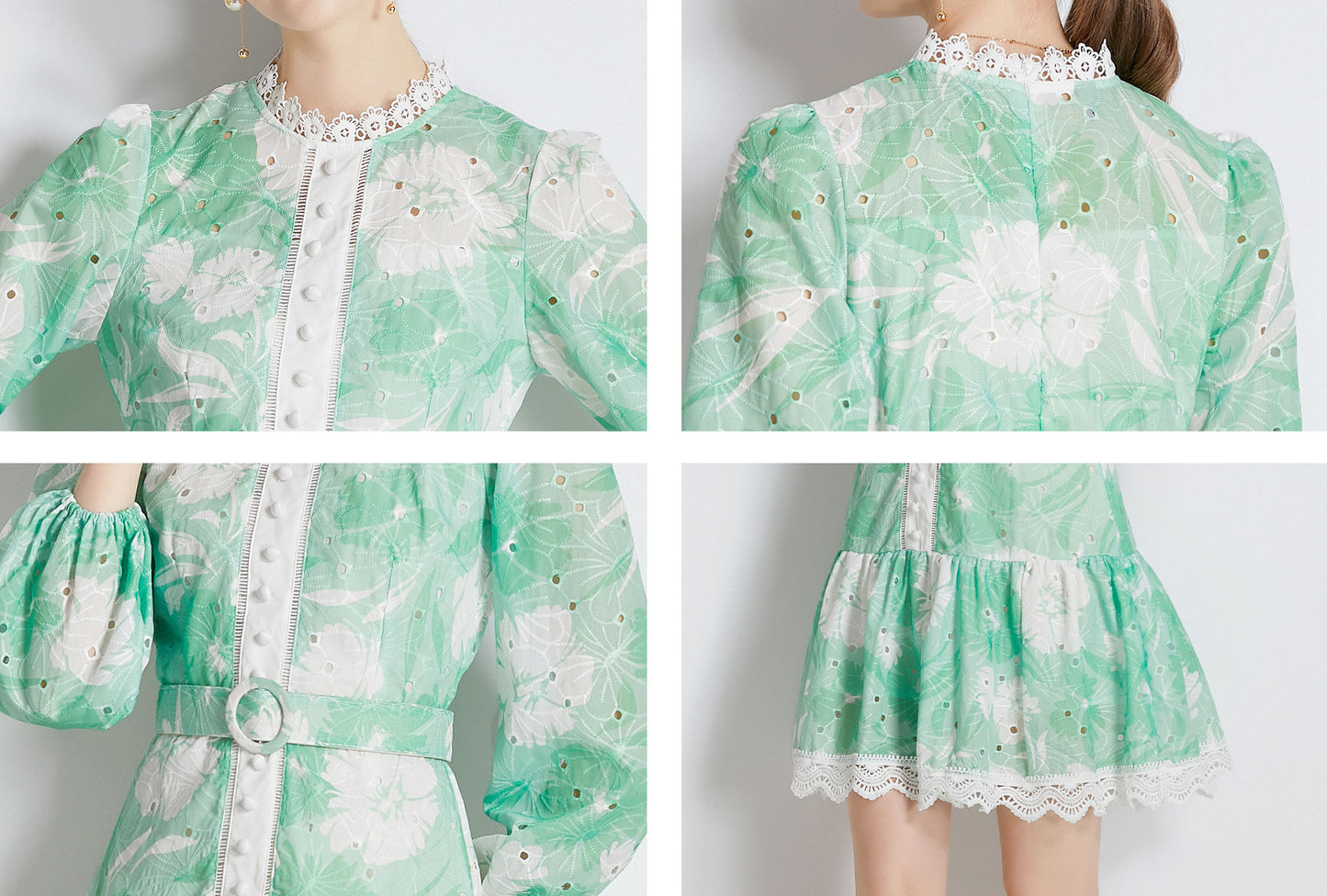 Green Floral print Long Puff Sleeve Mini Dress