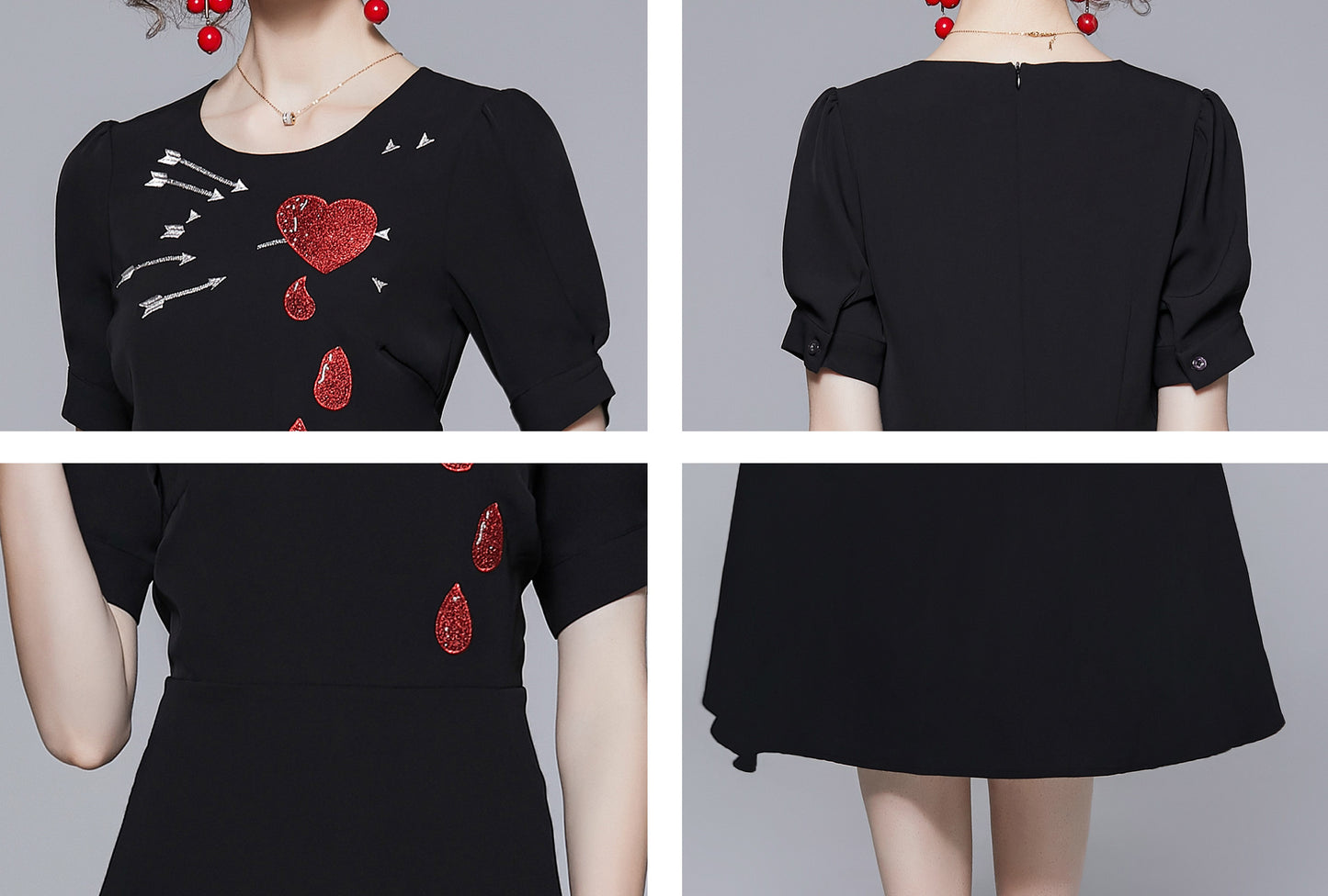 Crew Neck Short Sleeves Embroidery Solid Midi Dress