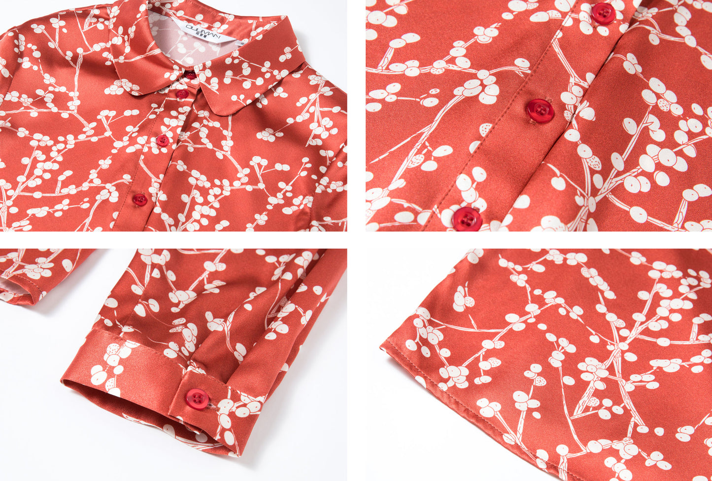 Red Print Collared Long Sleeve Shirt Button up Blouse