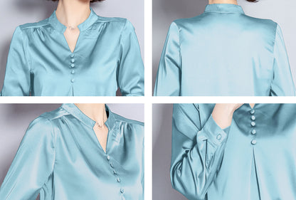 Solid Light Blue V-neck Long Sleeves Stain Shirt Blouse