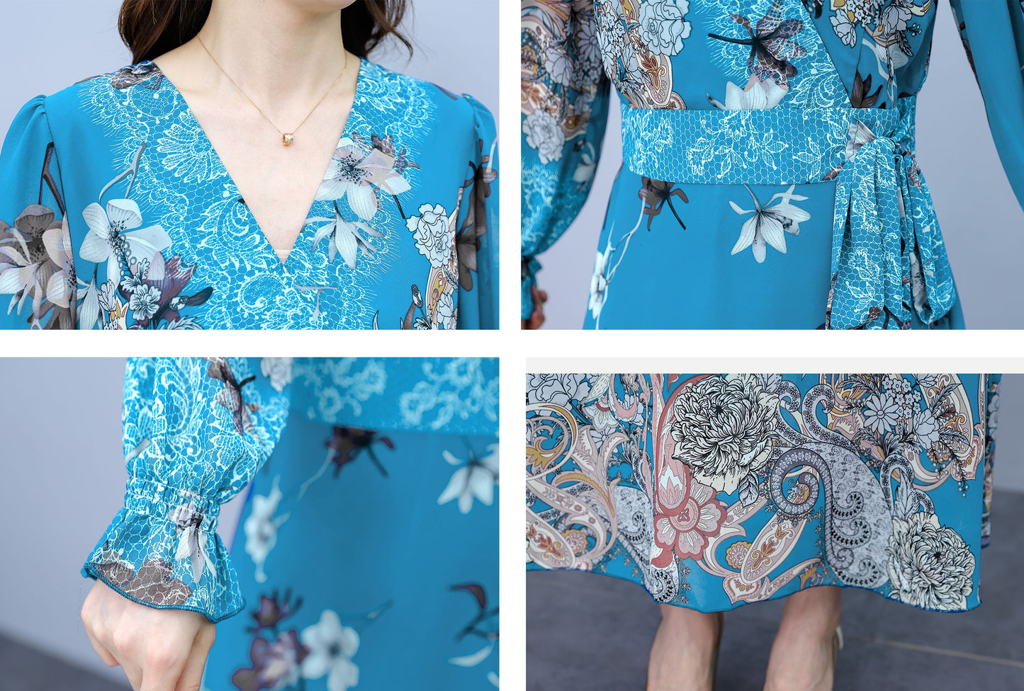 Blue V-Neck Long Sleeve Print Maxi Dress