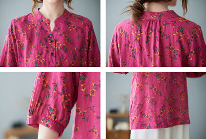 Short Sleeves V-Neck Linen Print Button T-shirt
