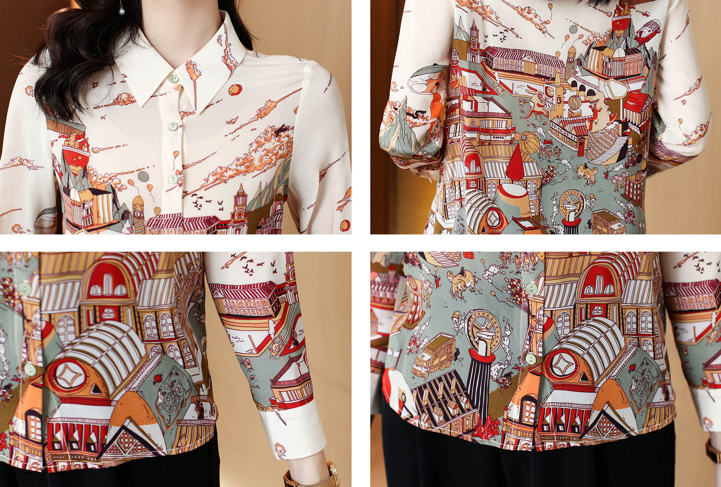 Print Collared Long Sleeve Shirt Button up Blouse