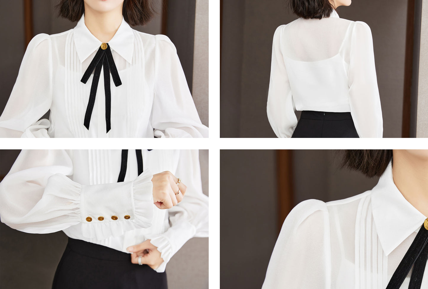 White Tie Neck Long Sleeve Button up Solid Blouse
