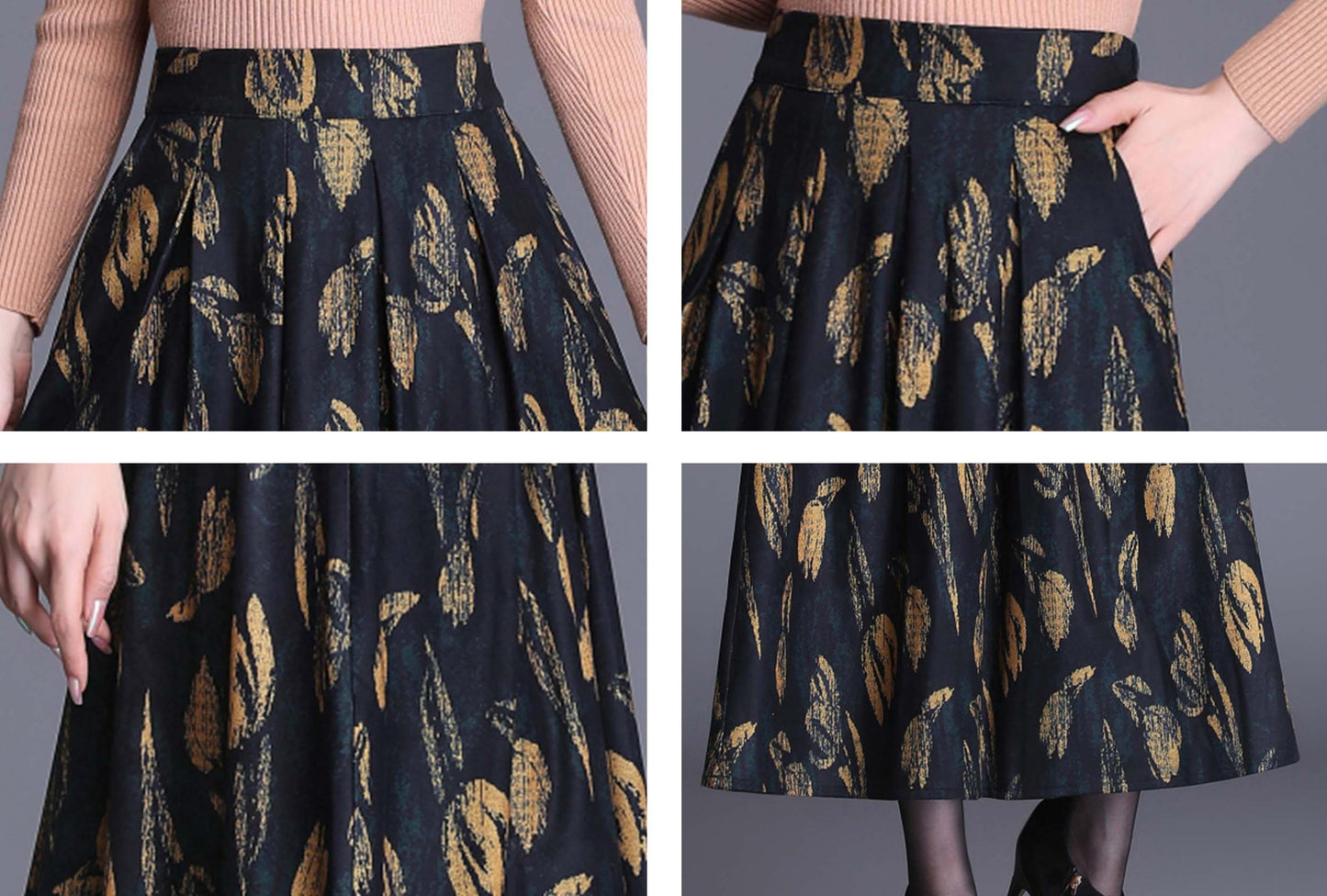 Yellow High Waist Print Midi Skirt with Pocket