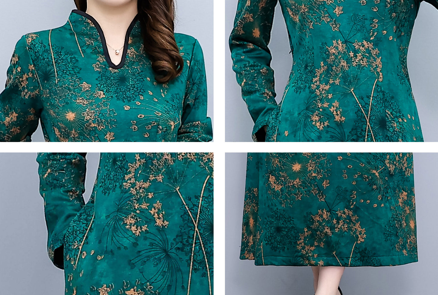 Green V Neck Long Sleeves Floral Print with Pocket Maxi Dress