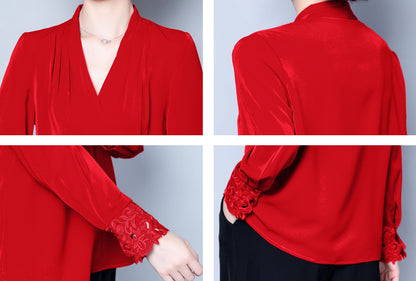 Red Solid Embroidery V-neck Long Sleeves Stain Shirt Blouse