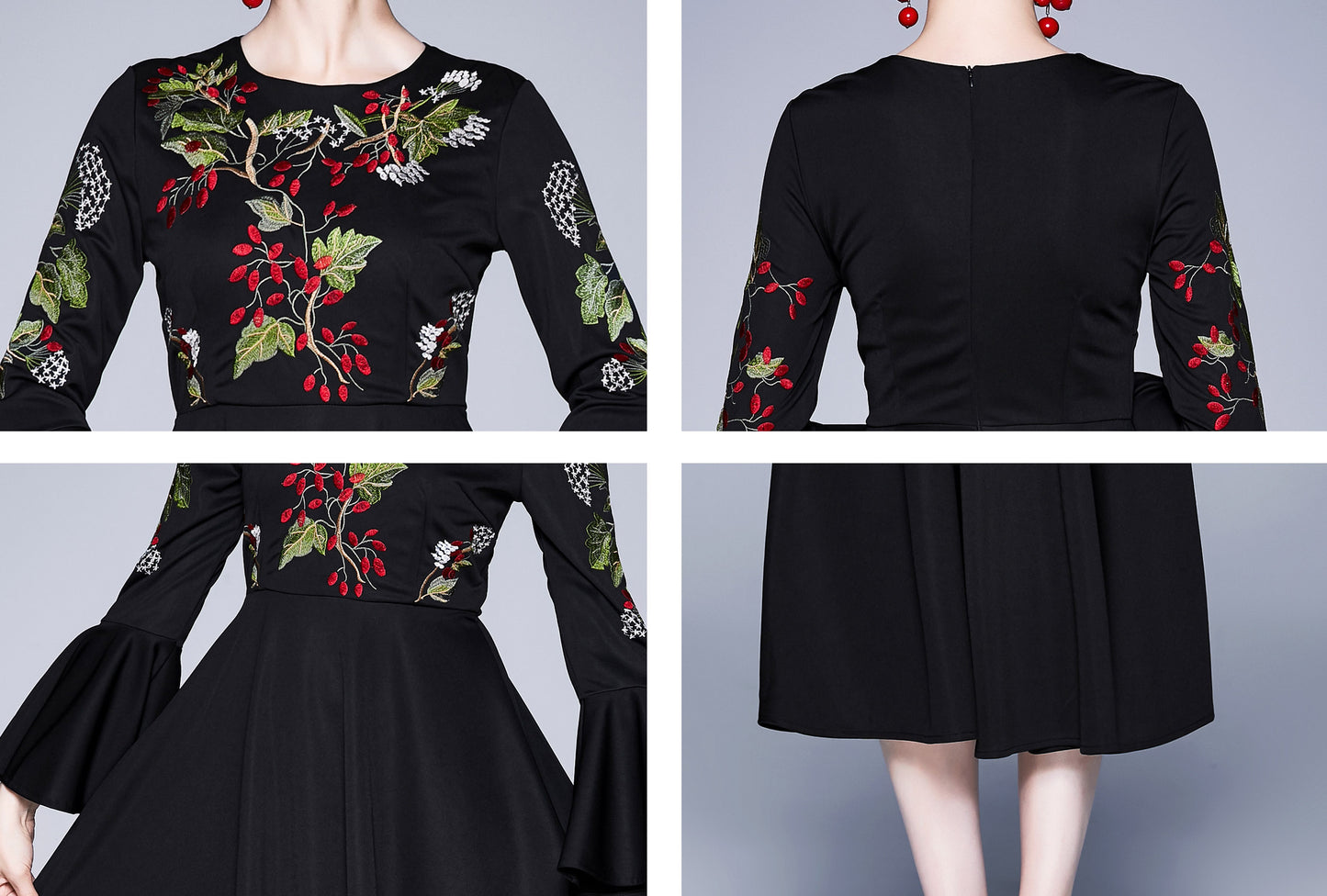 Crew Neck Embroidery Long Flare Sleeves Midi Dress
