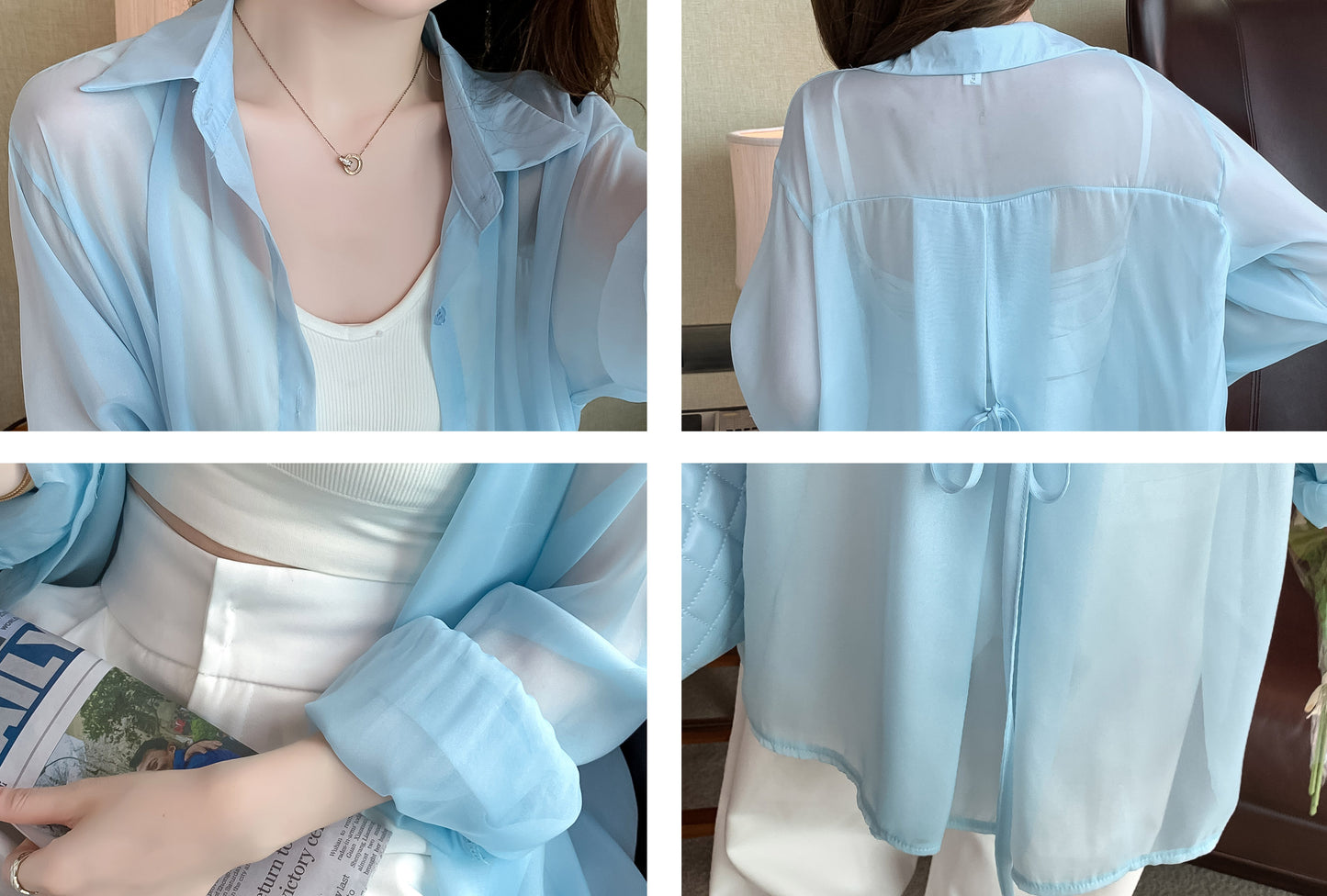 Collared neck Button Down Shirt Solid Long Sleeve Loose Blouse