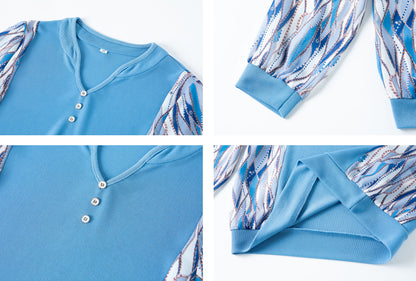 Blue V Neck Long Sleeves Patchwork Solid Blouse