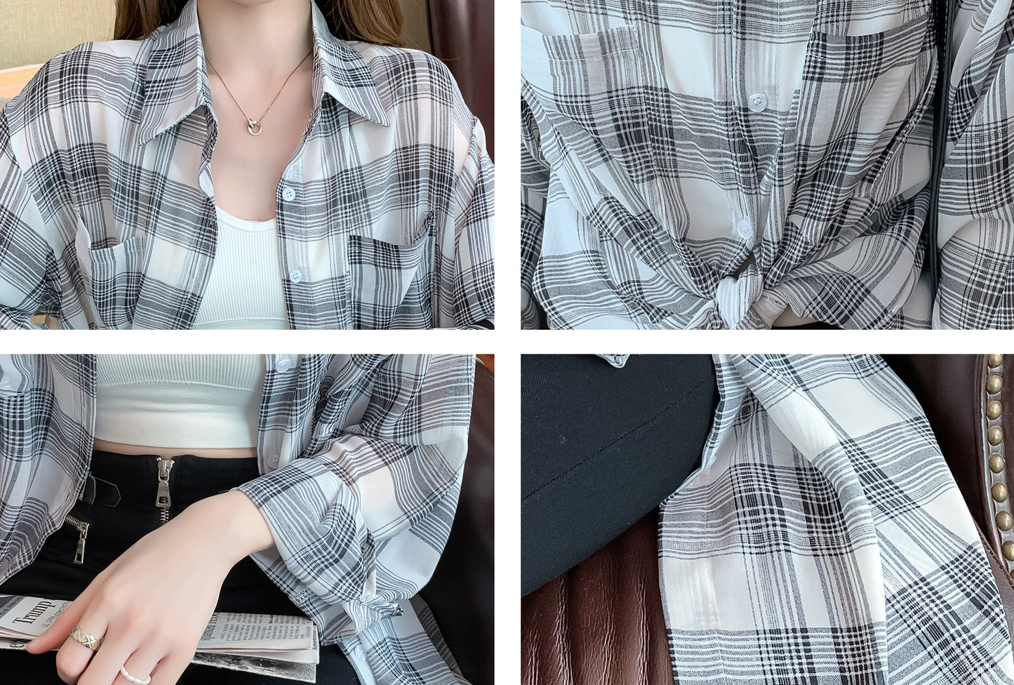Collared neck Button Down Shirt Gingham Long Sleeve Loose Blouse