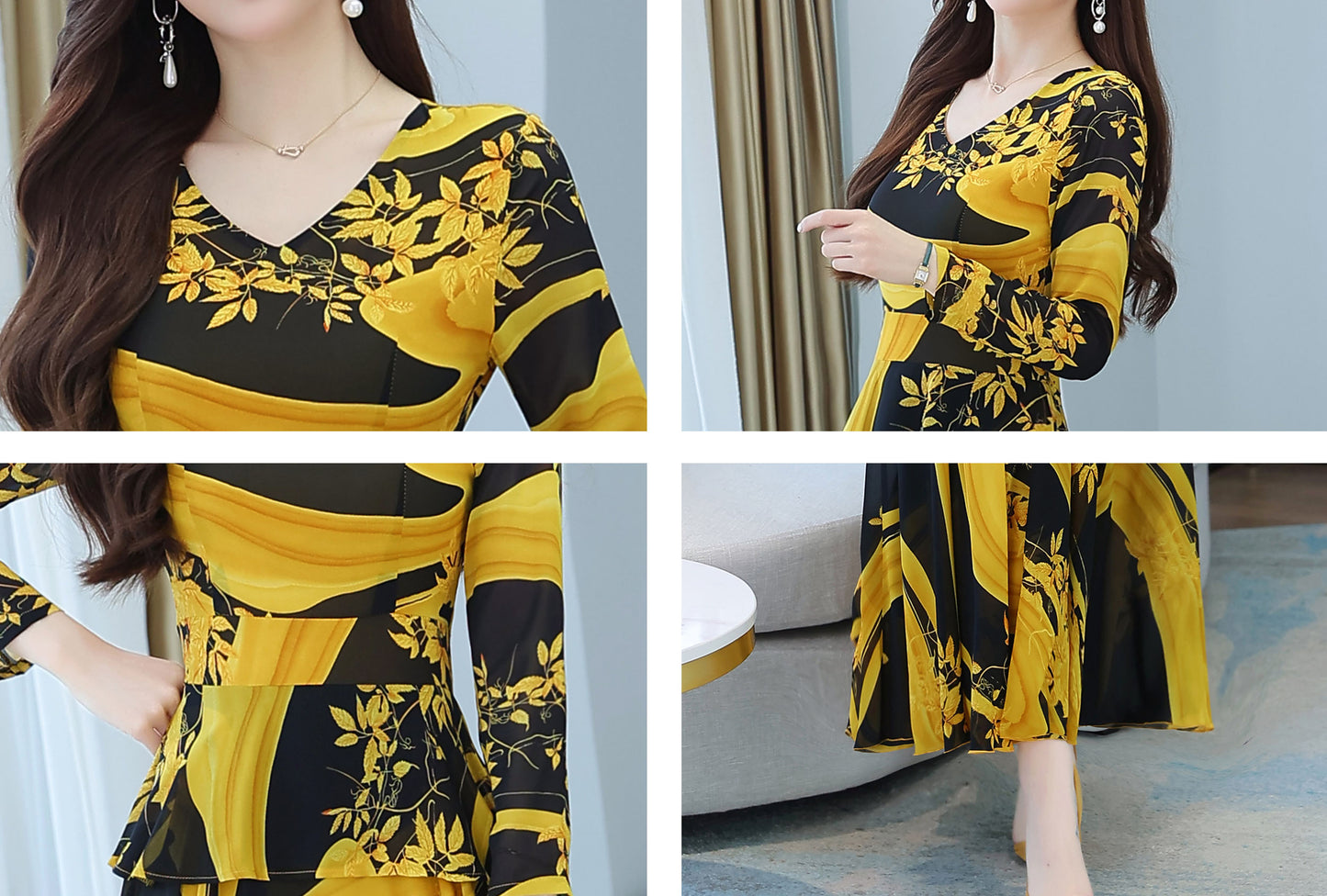 Yellow V neckline Floral Print Midi Dress