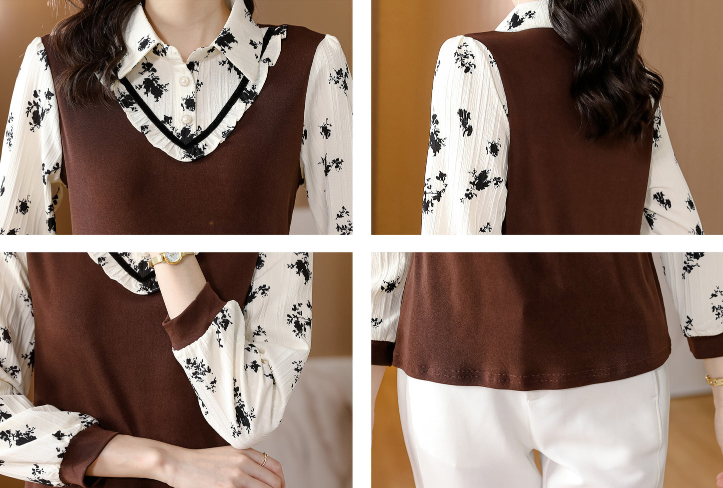 Brown Collar Neck Long Sleeves Patchwork Solid Blouse