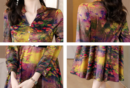 V-Neck Long Sleeves Belt Floral Print Midi Dress
