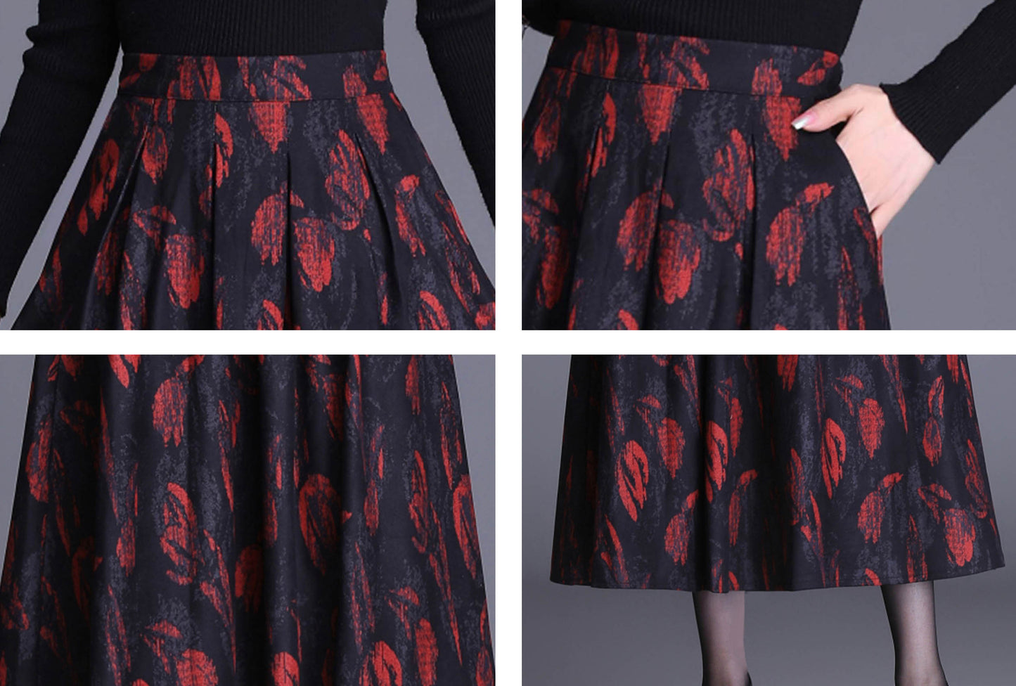 Red High Waist Print Midi Skirt with Pocket