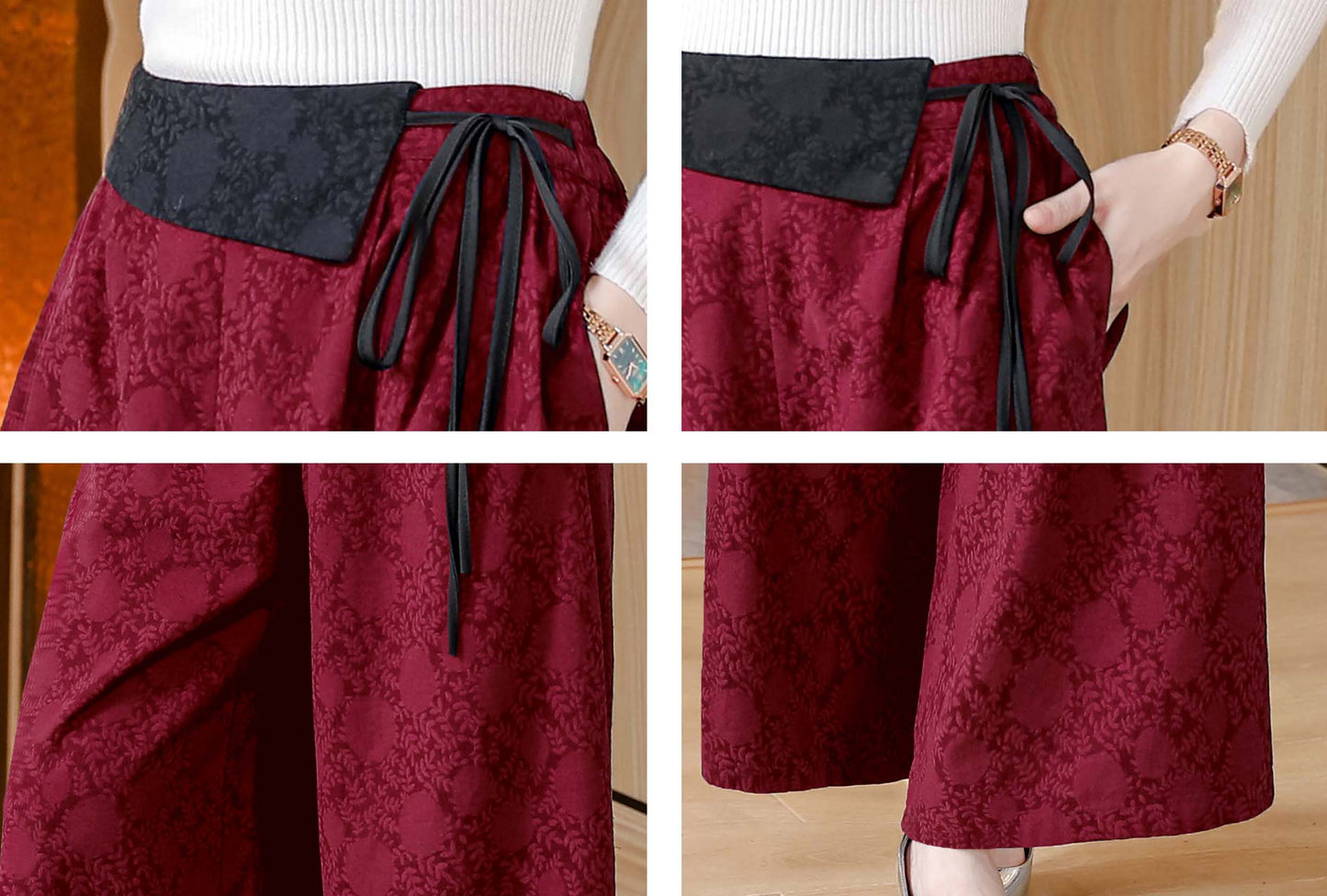 Red High Waist Solid Wide Leg Trousres with Pocket