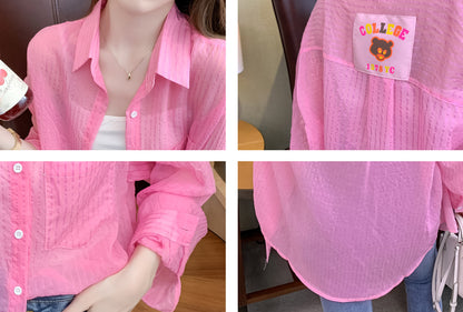 Collared neck Button Down Shirt Solid Long Sleeve Loose Blouse