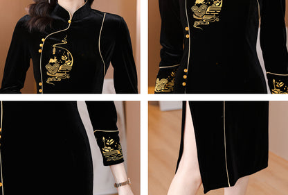 Round Neck Long Sleeves Velvet Tunic Embroidery Midi Dress
