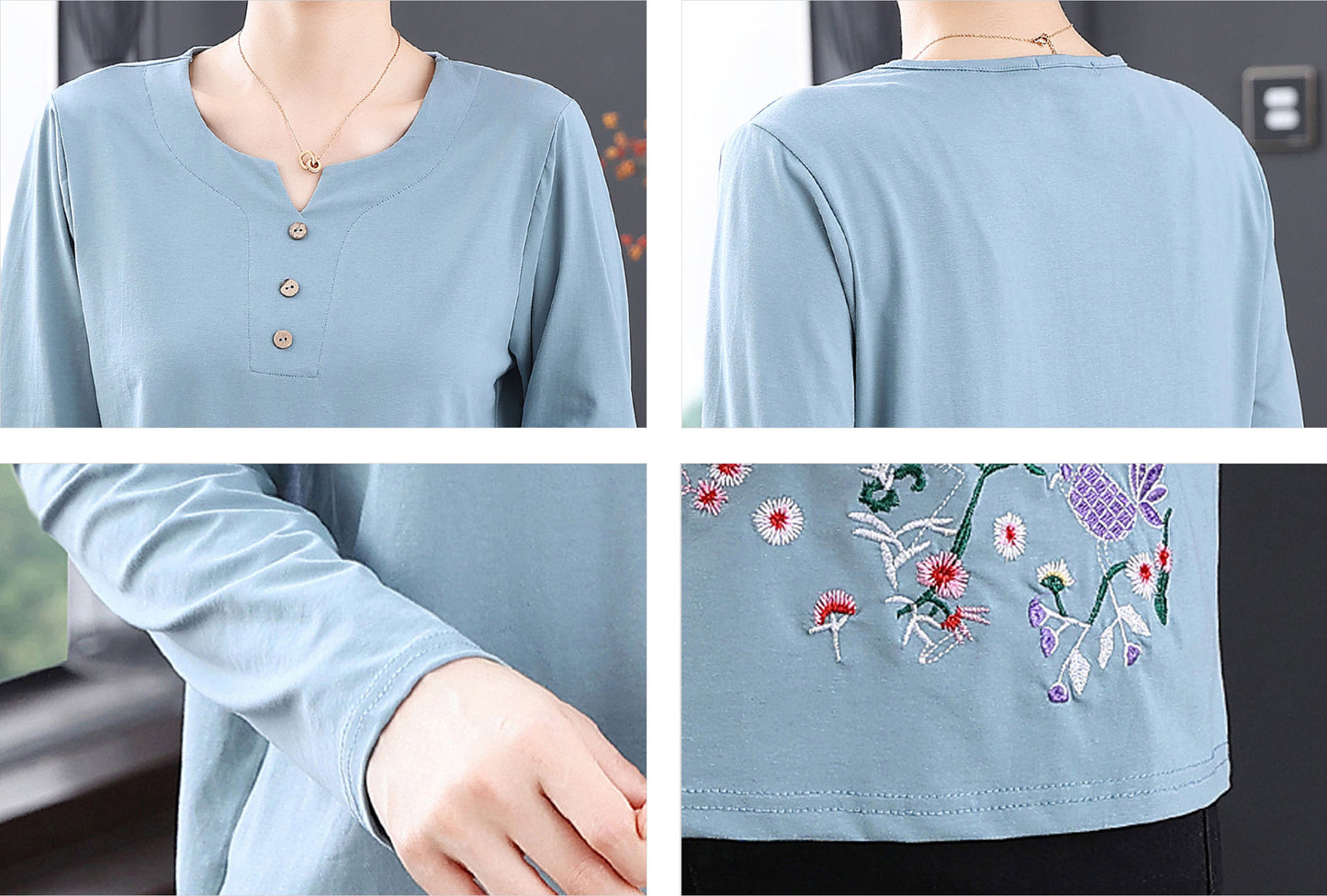 Round Neck Long Sleeve Button up Print Blouse