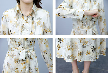 Collared Neckline Long Sleeves Tie Belted Floral Print Midi Dress
