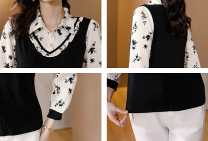 Black Collar Neck Long Sleeves Patchwork Solid Blouse