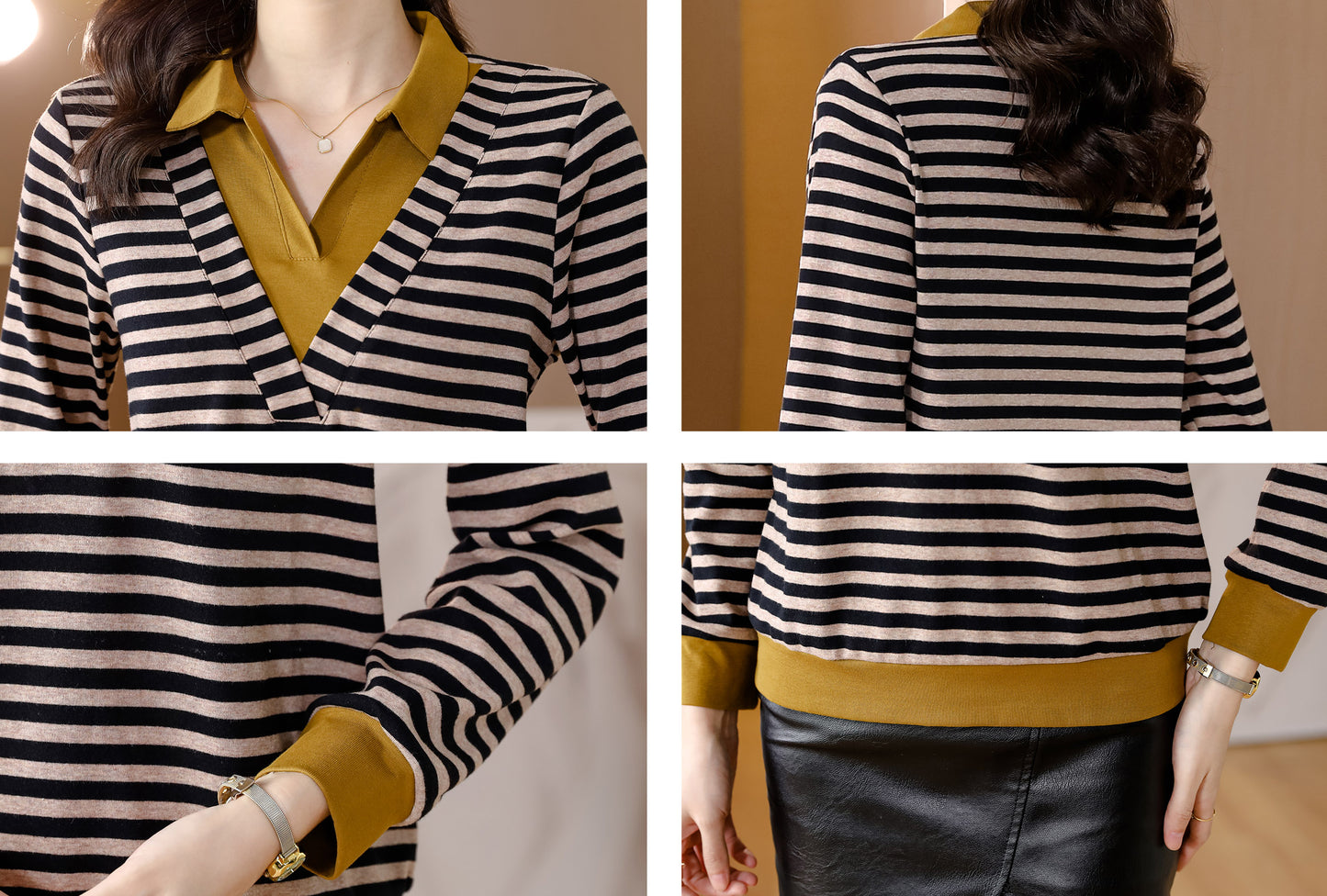 Collar Neck Long Sleeves Patchwork Stripe Blouse