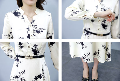 Collared Neckline Long Sleeves Belted Floral Print Midi Dress