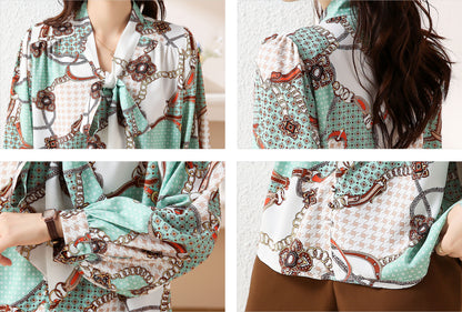 Tie Neck Long Sleeve Button Up Print Blouse