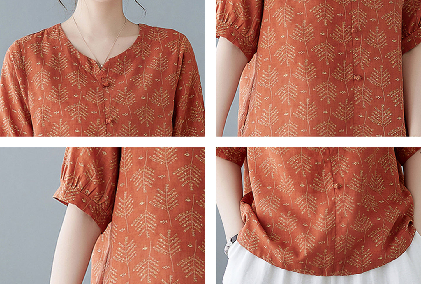 Short Sleeves V-Neck Linen Print Button T-shirt