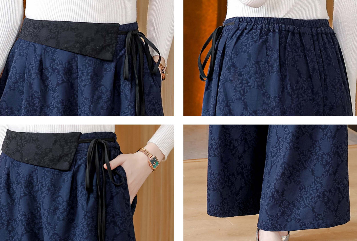 Blue High Waist Solid Wide Leg Trousres with Pocket