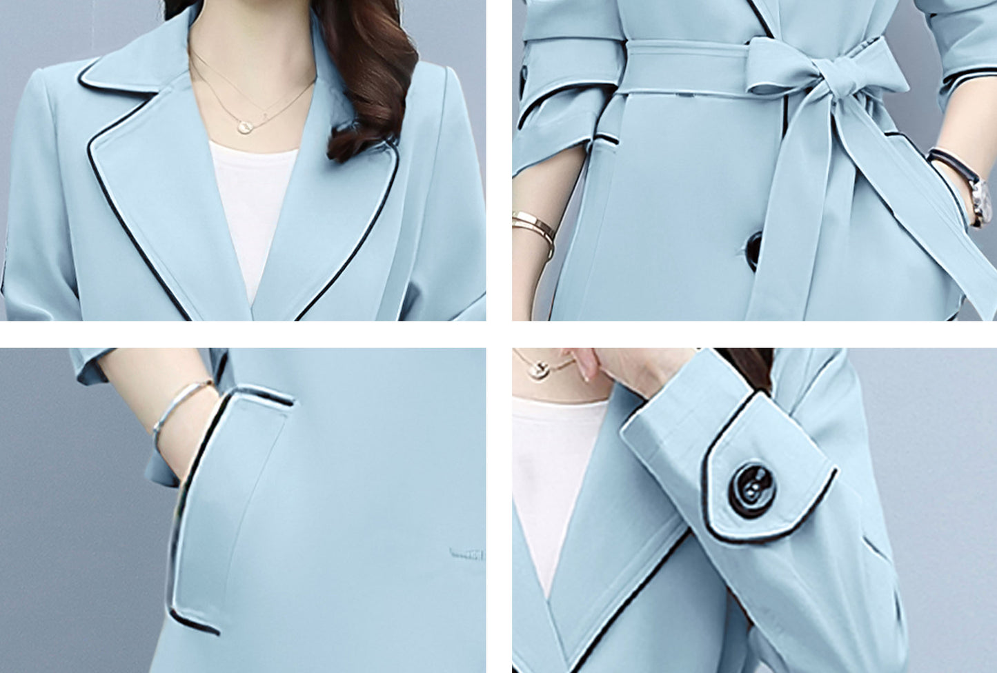 Blue 3/4 Length Outerwear Trench Coat with Belt